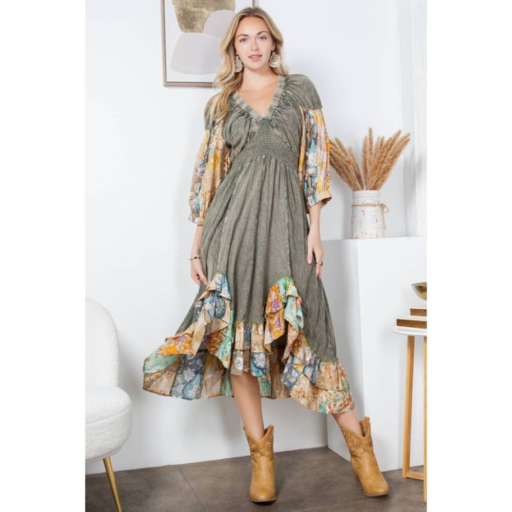 Young Threads Boho Smocked V-Neck Midi Dress Size XL